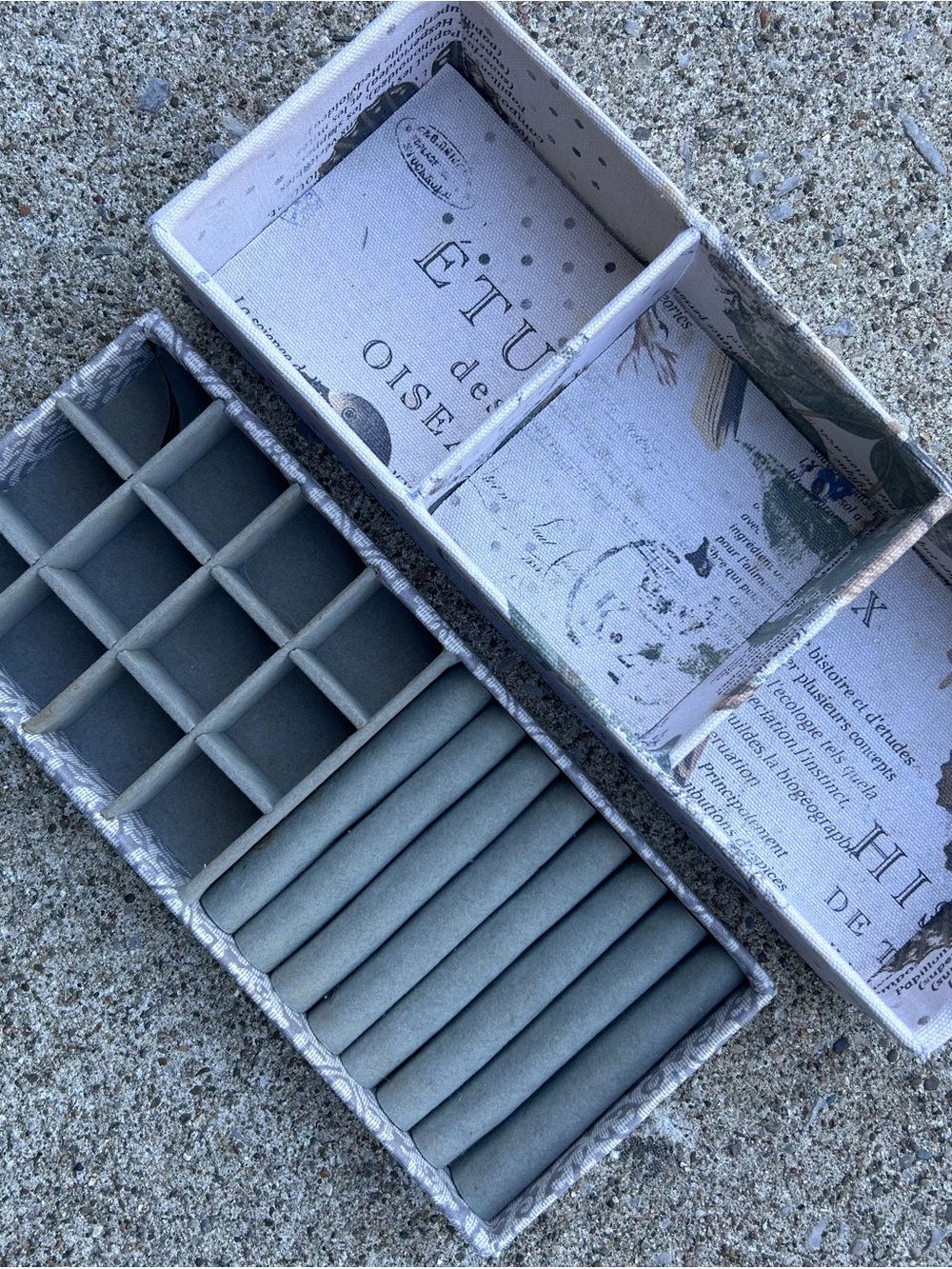 Gray Fabric Jewelry Organizer Boxes with Ring Rolls and Compartments